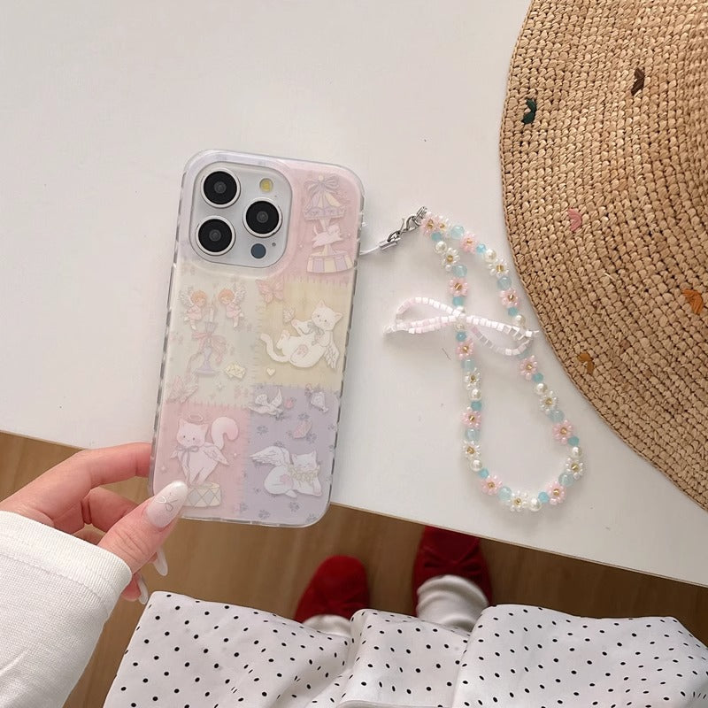 Floral Patchwork Angel Cat Chain Phone Case