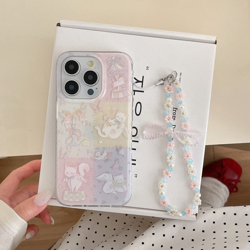 Floral Patchwork Angel Cat Chain Phone Case