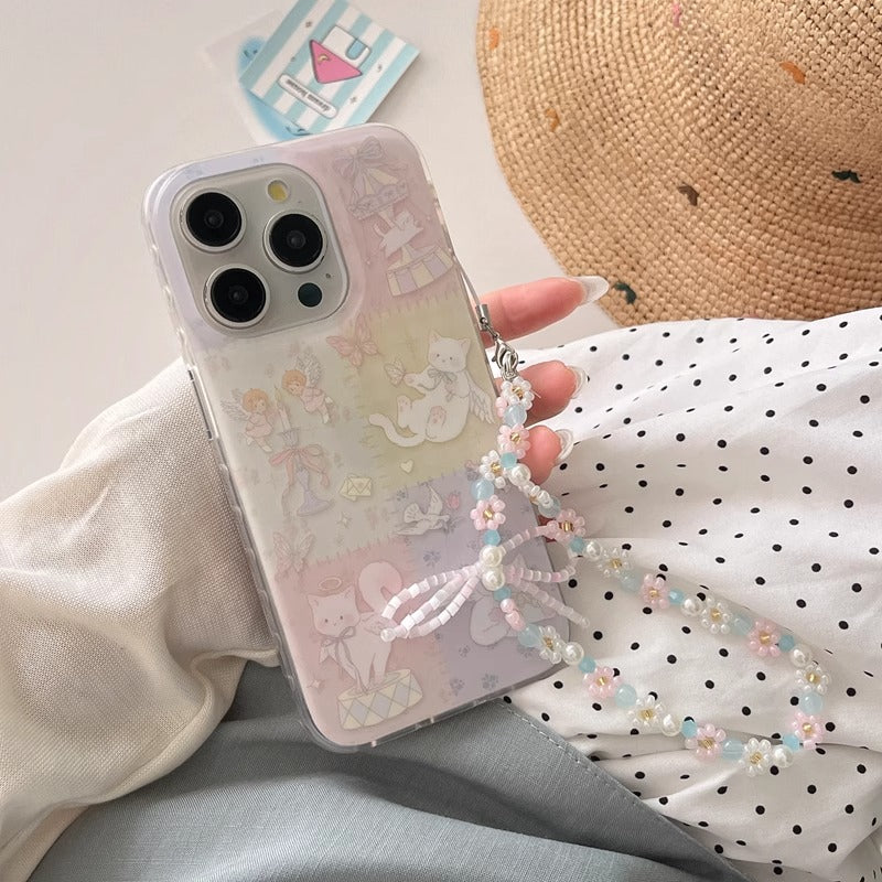 Floral Patchwork Angel Cat Chain Phone Case